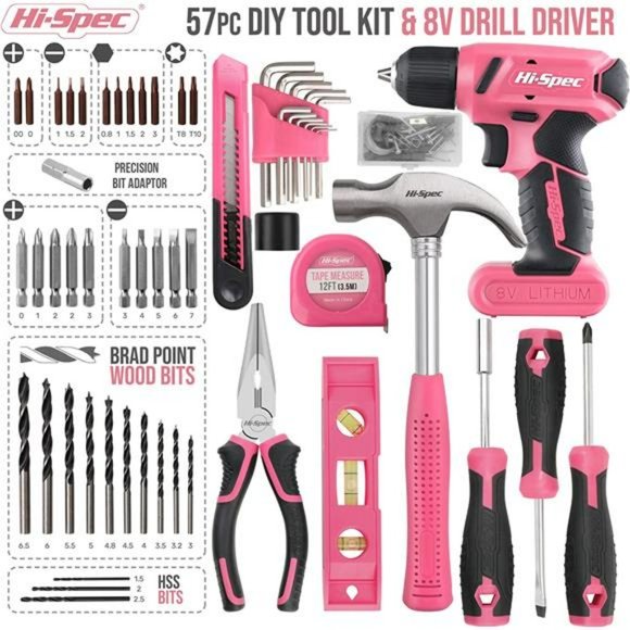 Hi-Spec 58pc Pink 8V USB Electric Drill Driver Tool Kit Set - Picture 3 of 7